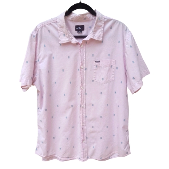 O'Neill Standard Fit Men's Light Pink Short Sleeve Shirt Blue Gray Print Size XL - Picture 1 of 7